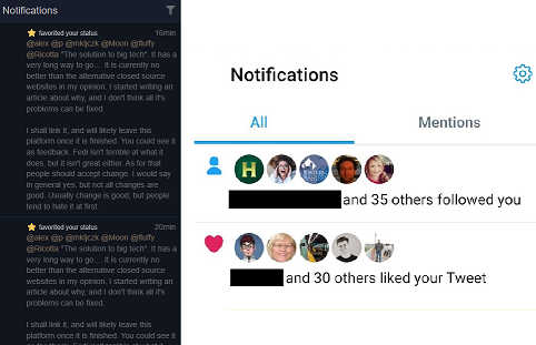 A picture of pleroma notifications and twitter notifications.
